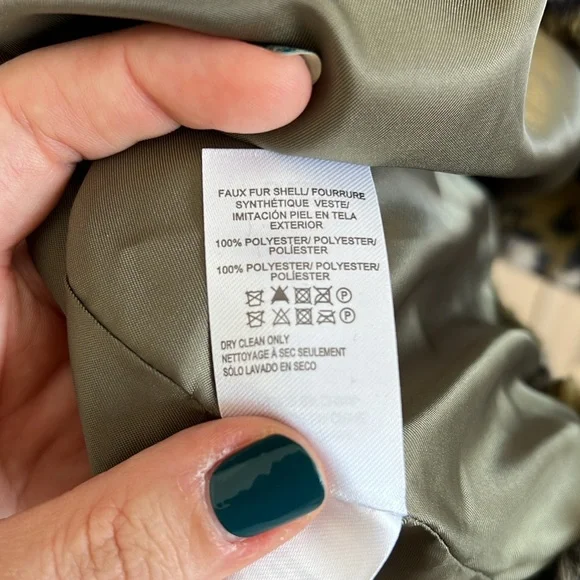 NWT Lucky Brand Faux Fur Long Line Coat green leopard camo size large - Picture 12 of 13